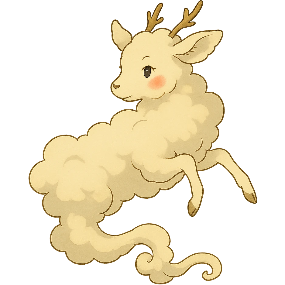 vanilla cloud doe with rosy cheeks, floating gracefully with witch-like elegance, brand identity mascot for social media, Ghibli style emoji