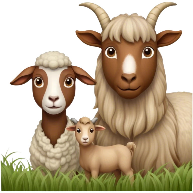 Icon for Domestic Hooved Animals: A gentle collage featuring a brown goat with large, curious eyes, a calm sheep with soft wool and a horse with a flowing mane. Background with a green pasture and a few hay bales. Transparent background. emoji