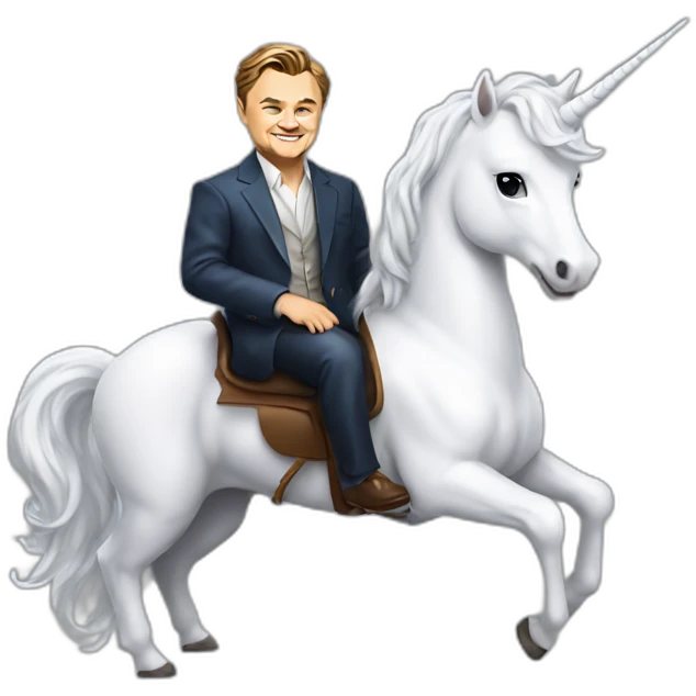 Leonardo DiCaprio smiling and sitting on a white unicorn as a rich billionaire emoji