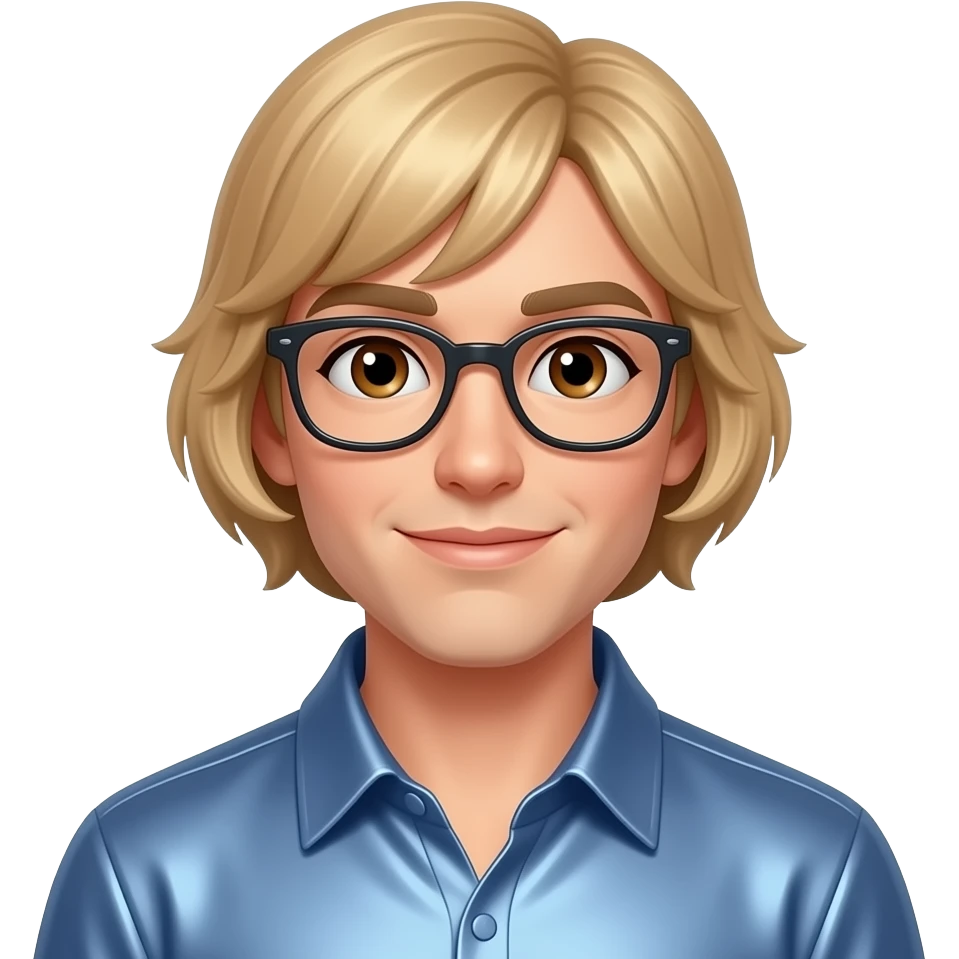 Brian Lackey (male) from Fictional Characters with brown eyes, strawberry blonde short bang hair, glasses, periwinkle metallic shirt emoji