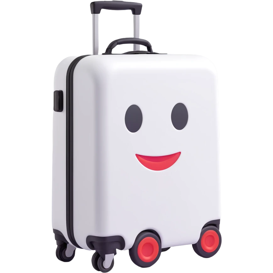 white suitcase on wheels, angled view, 3D Emoji style, soft shadows and highlights, pure white color, transparent background, no decoration emoji