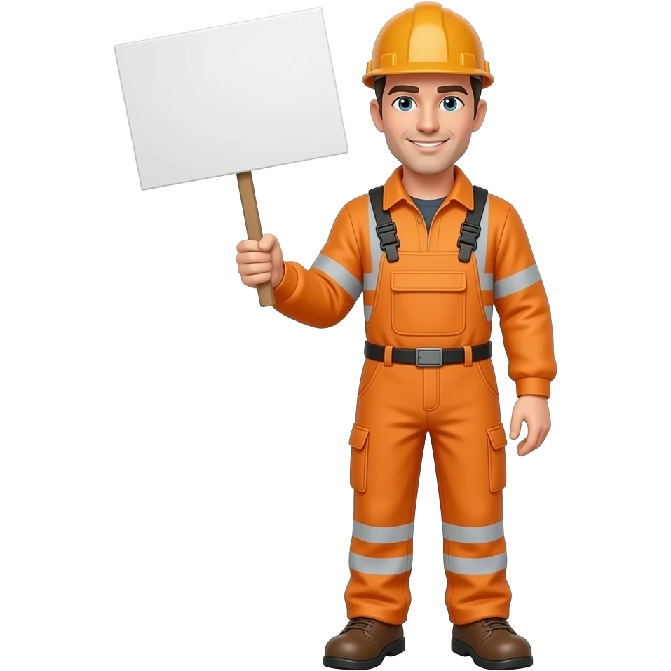 man full body in a hard hat and full orange hi-vis overalls with sleeves holding a sign emoji