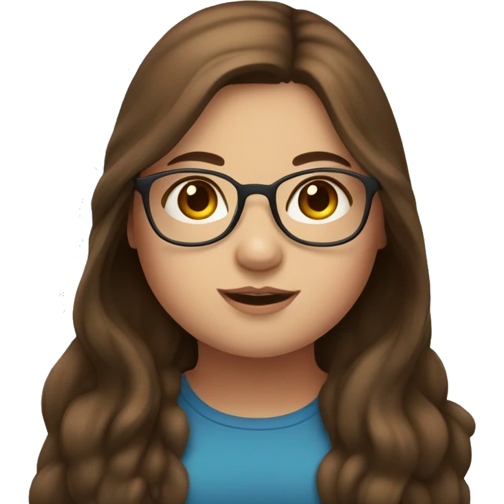 chubby girl with long brown hair, blue eyes and brown glasses emoji