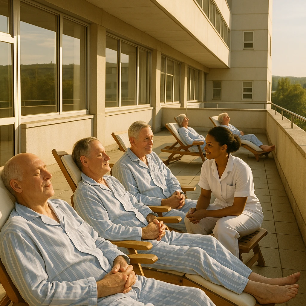 hospital terrace with patients in pajamas sunbathing on deck chairs, nurse conversing with a patient, atmosphere of hope and recovery, warm natural light, realistic details, 4K quality emoji