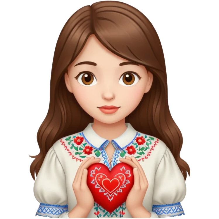 A beautiful young girl with brown hair in a Ukrainian embroidered shirt is holding a large embroidered heart emoji