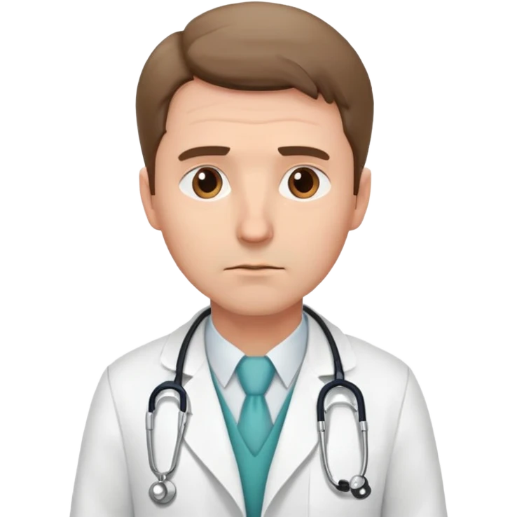 create a male white doctor wearing a white rope with a Stethoscope on her neck. his face is slightly sad emoji