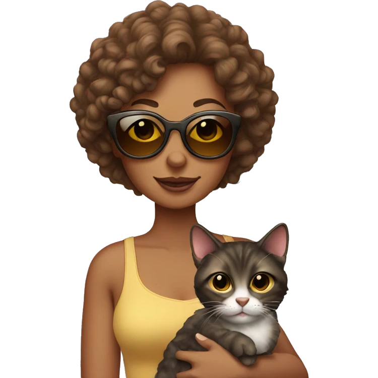 woman with a slight tan, curly hair and sunglasses holding a cat emoji