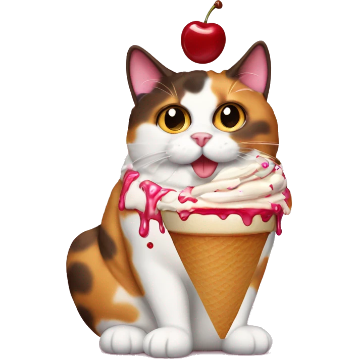 Fat calico cat with cherry sundae emoji