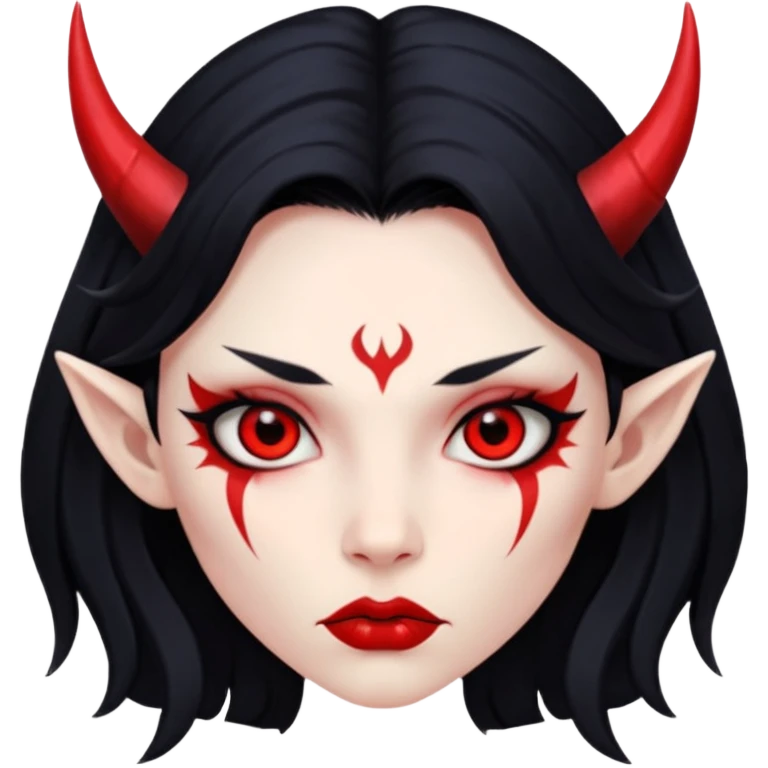 Head only: demon girl, 100% red skin, long black hair, small horns, sharp cheekbones, serious eyes, full lips, pointed ear; centered, no body, no text. emoji