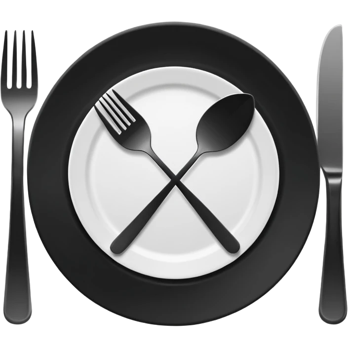 Minimalistic flat vector icon, iOS style, thin black contour on white background. Fork and knife crossed on a plate. Clean, no text, no shadows emoji