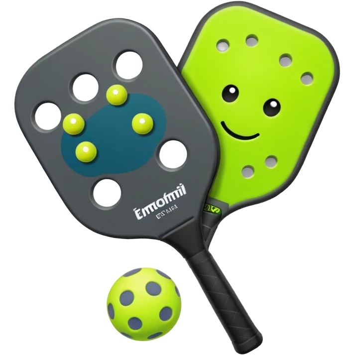 Modern Pickleball paddle, dark grey. Pickleball ball beside or on top the paddle florescent green at 45 degrees emoji
