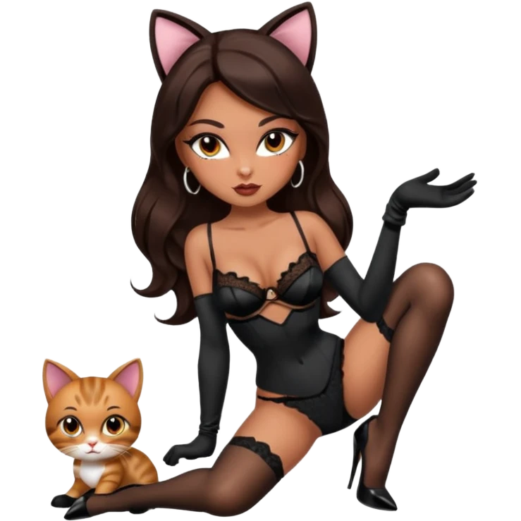 A sexy bratz girl. with caramel skin. Dark brown hair and brown eyes. She has freckles. Wearing sexy makeup. Dressed as a sexy cat. wearing lingerie. black heels on and long black gloves  emoji