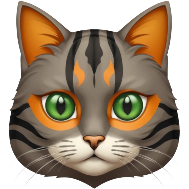 A grey tabby cat with dark grey stripes and green eyes sitting next to a calico cat with orange eyes, calico cat has dark fur around her eye almost like a Batman mask emoji