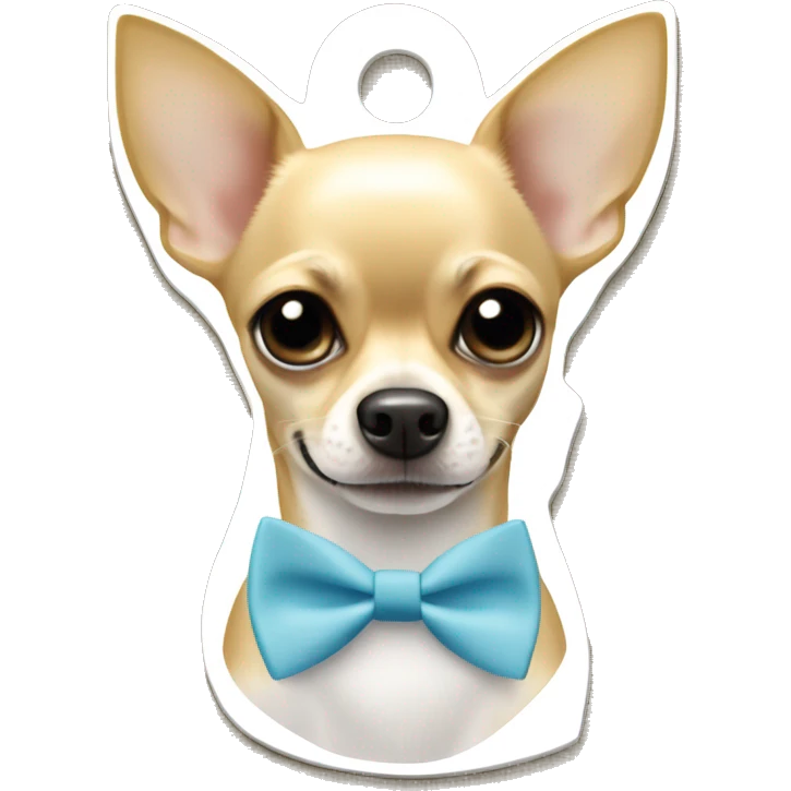 Blonde chihuahua with a light blue bow tie collar and a dog tag that says Oscar  emoji