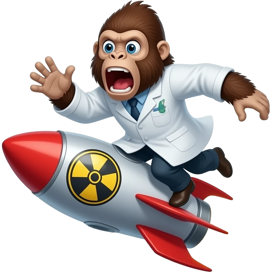 горила науковець летить на ядерній ракеті, ледь не вилітаючи з неї, шерсть розвивається вітром, вона в шоці, кричить emoji