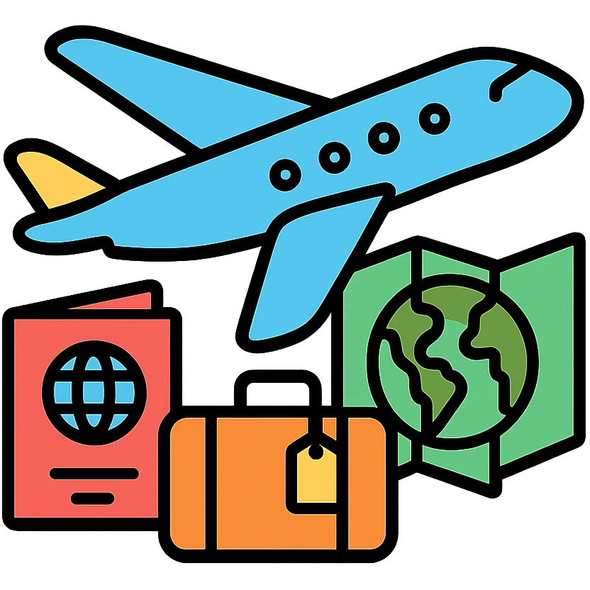 airplane with travel elements like passport, suitcase, and world map emoji