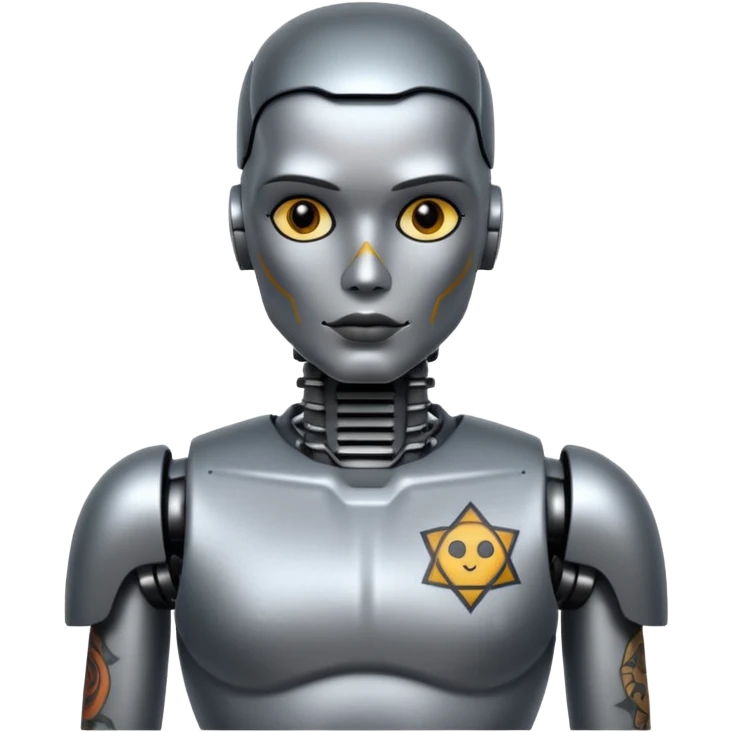 Tatooed robot, tatooes on chest and face emoji