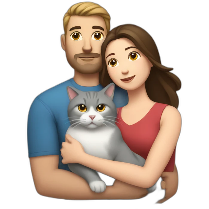 white brun man and brunette woman with a fat gray cat in their arms emoji