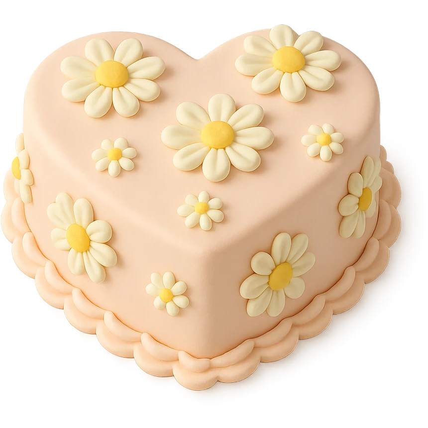 heart-shaped fondant cake with piped daisies emoji