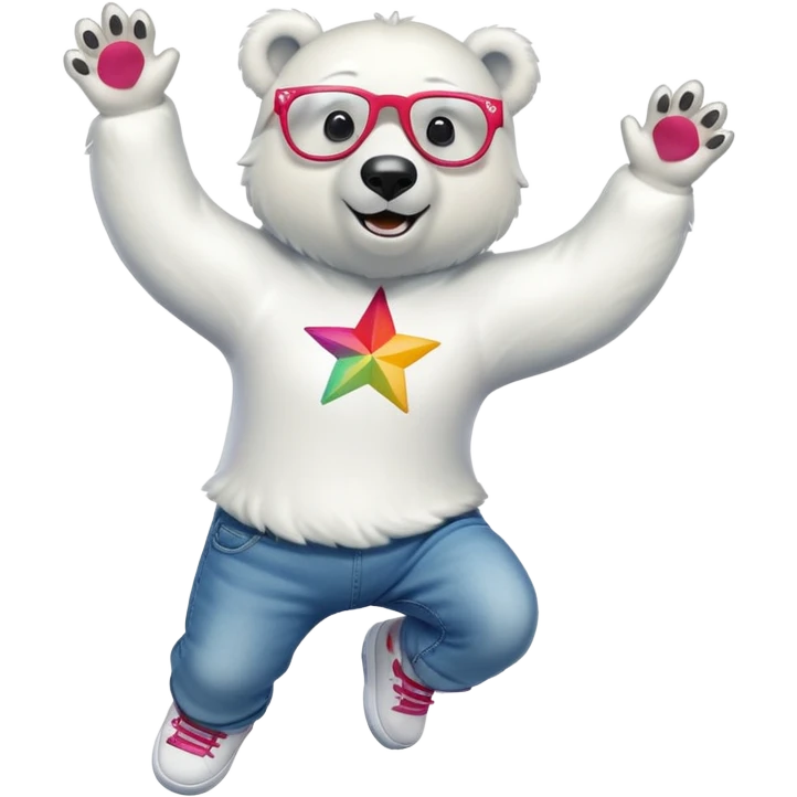 friendly anthropomorphised polar bear leaping with excitement, wearing a shirt, jeans, trainers, oversized colorful star glasses emoji
