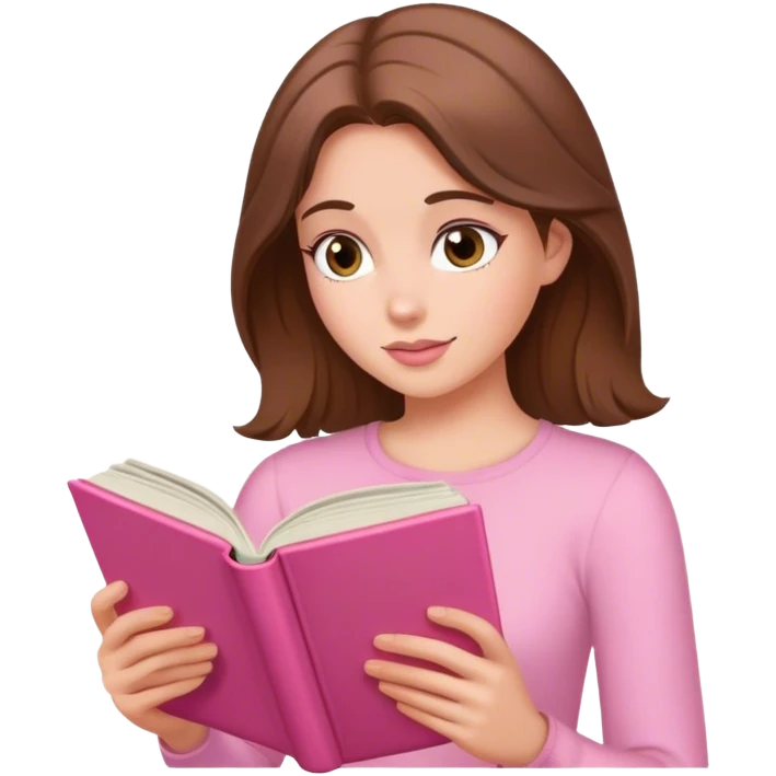 a brown haired, fair skinned female reader reading a pink romance novel emoji