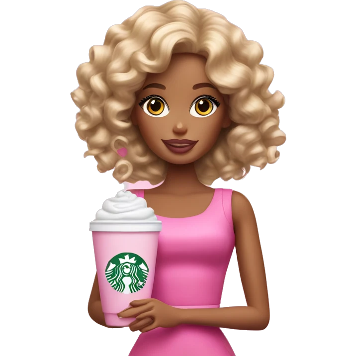 Barbie girl with curly hair holding Pink starbucks refresher emoji