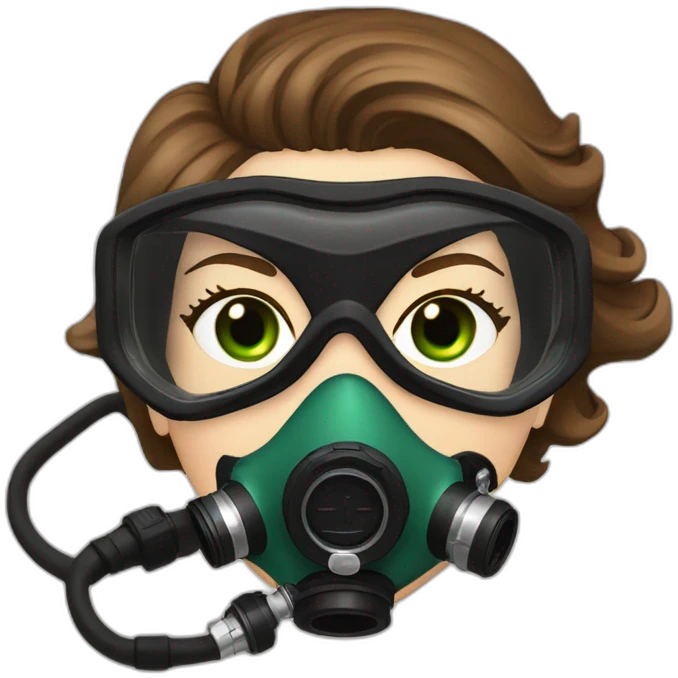 woman brown hair black diving mask with a single crystal, diving regulator in mouth, green eyes emoji
