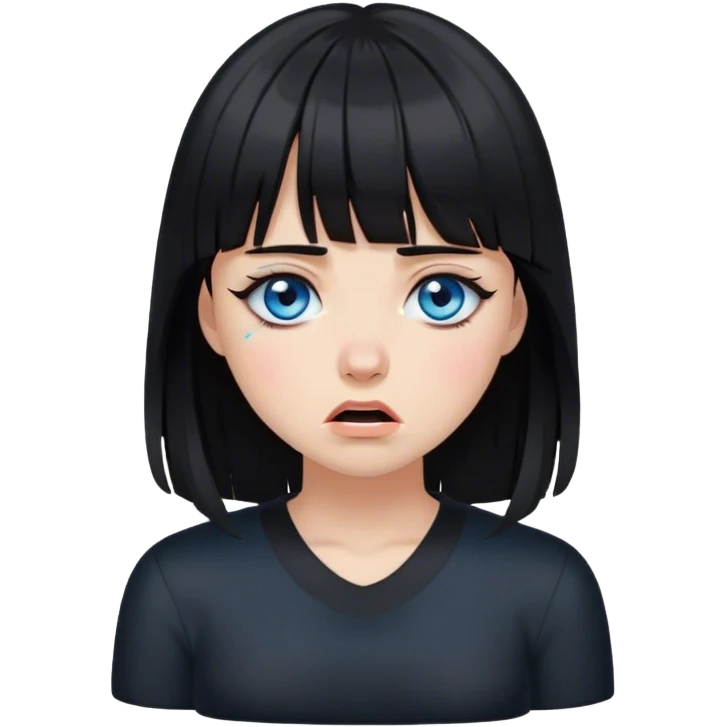 Girl crying wearing black with black medium length hair with bangs and blue eyes emoji