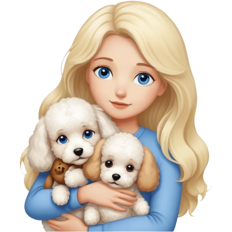 Blonde blue-eyed long-haired mother hugs two dogs, a Bichon Frise and a Teddy emoji