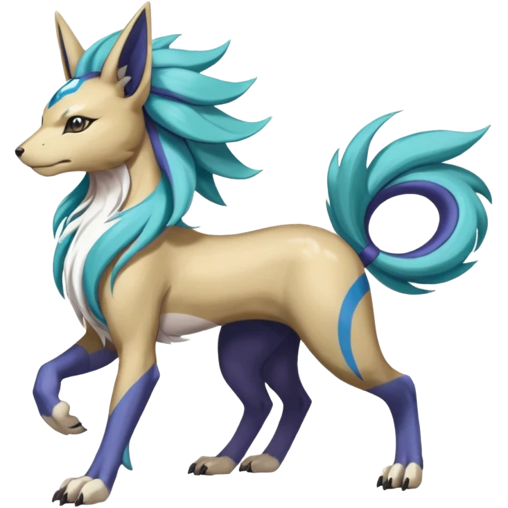 Colorful Skilled Adept Graceful Asian Painted WereGarurumon-Suicune-Linoone-Meloetta-fusion-hybrid-creature (full body) emoji