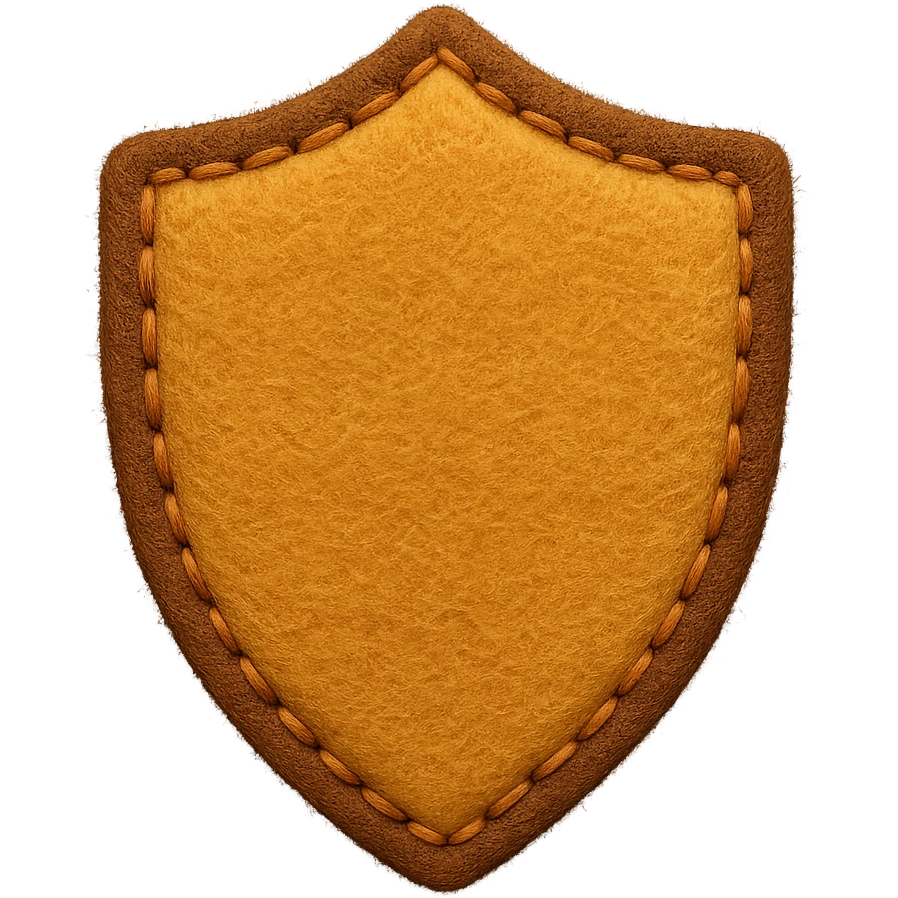<StylePrompt>
  <Name>Felt Appliqué Plush Style</Name>
  <Description>A soft, handcrafted look inspired by plush felt fabric with visible stitching and a padded 3D texture, rendered on a solid black background.</Description>
  <VisualProperties>
    <Material>Felt</Material>
    <Texture>Soft, fuzzy, with slight fiber detail</Texture>
    <Stitching>
      <Type>Thick thread</Type>
      <Color>Orange or slightly darker tone than fabric</Color>
      <Pattern>Uniform running stitch along outer edge</Pattern>
    </Stitching>
    <Padding>High, plush-like 3D depth</Padding>
    <Edges>Rounded corners</Edges>
    <ColorPalette>
      <Primary>Warm yellow/orange tones</Primary>
      <Accent>Brown or dark orange for facial features and outline</Accent>
      <Background>Black</Background>
    </ColorPalette>
  </VisualProperties>
  <Rendering>
    <Lighting>Soft, even studio lighting</Lighting>
    <Shadows>Subtle drop shadows for depth</Shadows>
    <Perspective>Flat front-facing, symmetrical if applicable</Perspective>
  </Rendering>
  <Applicability>
    <SubjectType>Any object, animal, or letterform</SubjectType>
    <OutputFormat>Icon, emoji, patch-style graphic</OutputFormat>
  </Applicability>
</StylePrompt>

{subject} = shield emoji