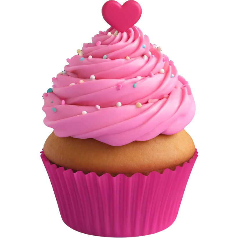 cupcake with pink frosting and heart decorations emoji