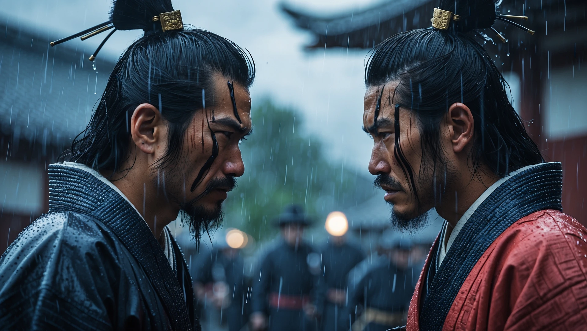 A cinematic scane of a two japan samurai face to face ready to fight during rain, Medium shot, deph composition, tense atmosphere, shot by arri alexa, interstellar look emoji