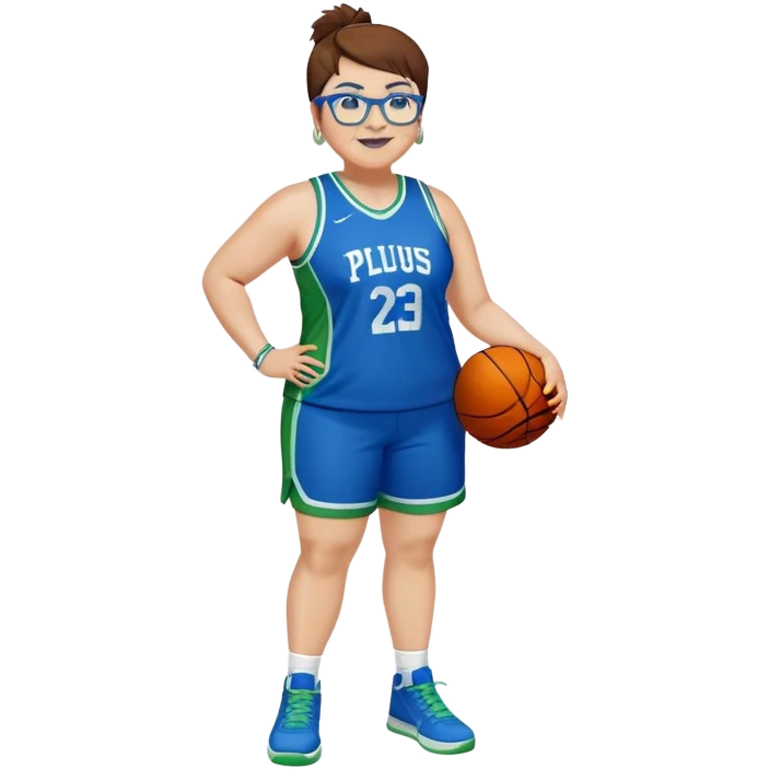 Full Body plus size white female basketball player with short medium brown hair with short spike hair wearing blue glasses 
With a small wide nose wearing blue green uniform  green sneakers smiling wearing silver hoop earrings emoji