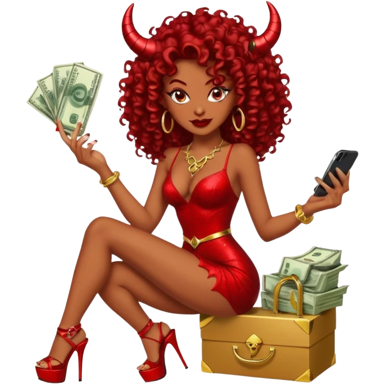 seductress evil brown curly haired sexy drug lord woman with clear glittery platform heels on her feet and devil red horns on her head, holding a stack of cash, has a phone in other hand emoji