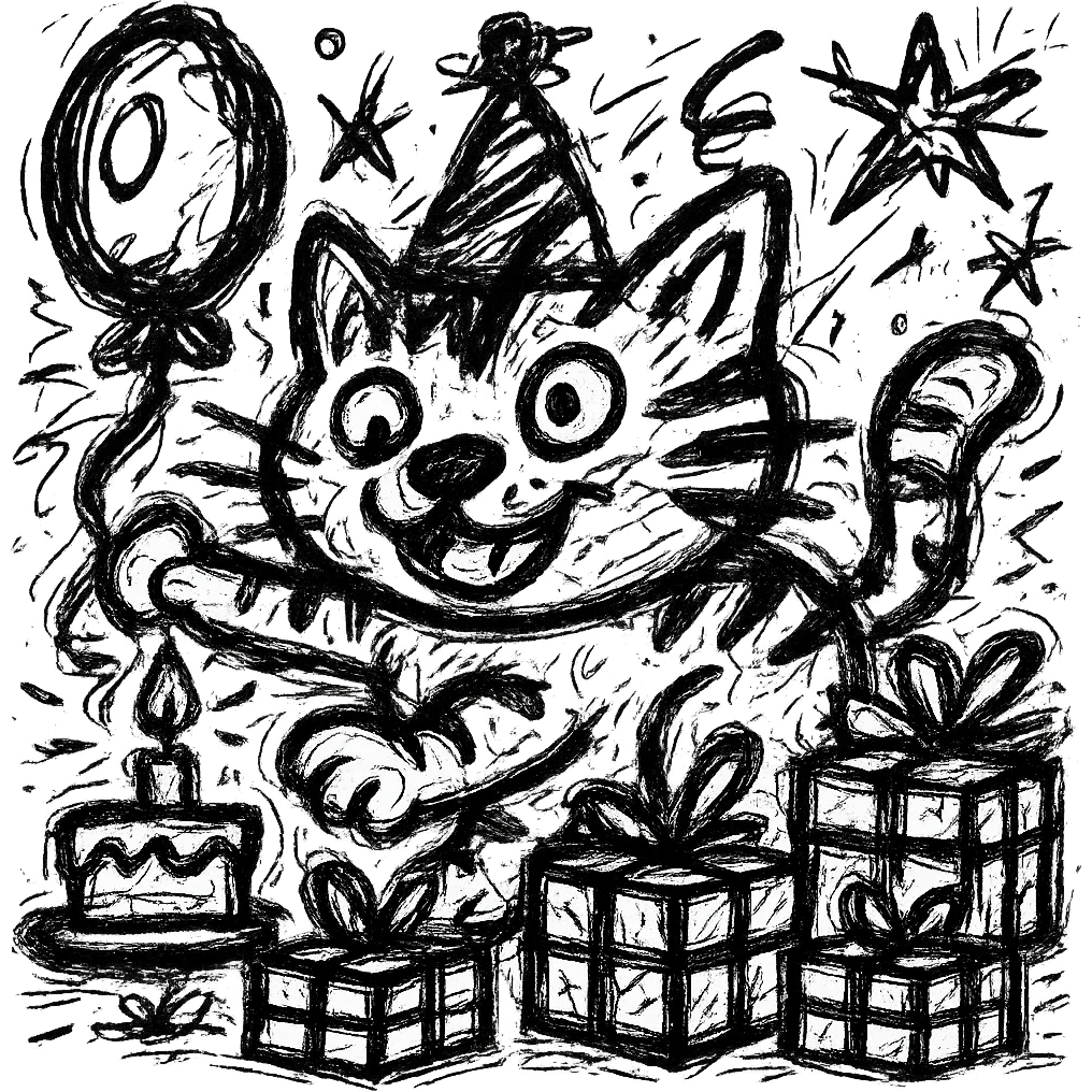 Add more gifts around the kitten, keeping the chaotic outlined style and all original elements intact emoji