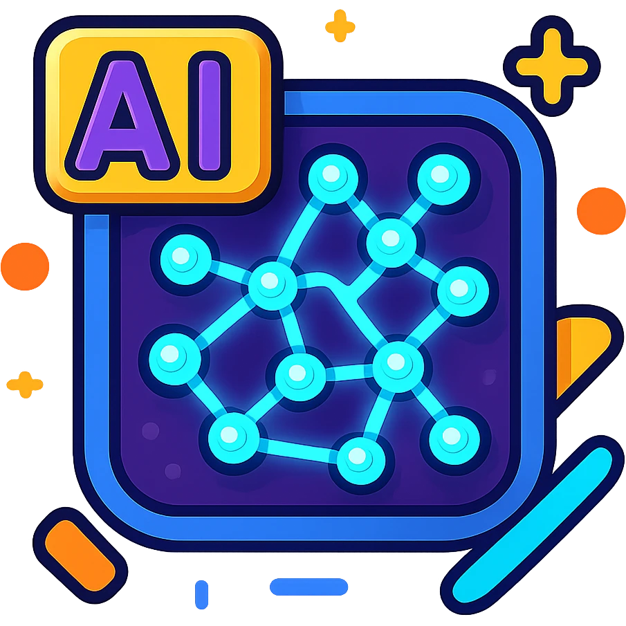 icon illustrating AI, futuristic, glowing neural network, abstract shapes, vibrant toon style emoji