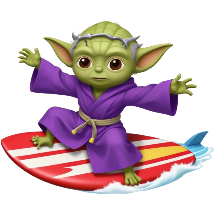 yoda in a purple robe surfing in a rocket emoji