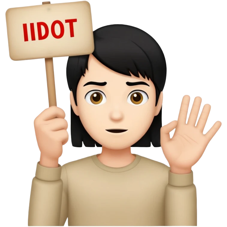 holding “idiot” sign black hair emoji