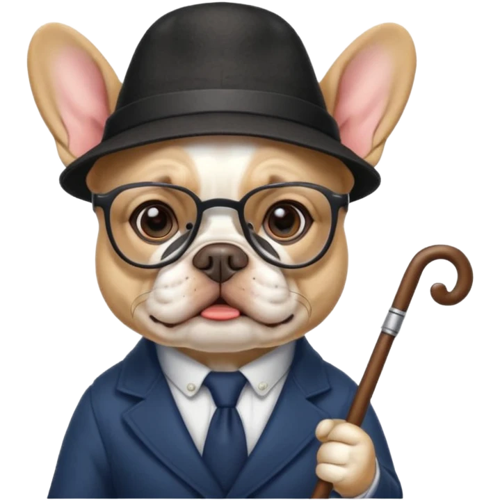 сделай французкого бульдога в очках и шляпе и с тросточкой emoji