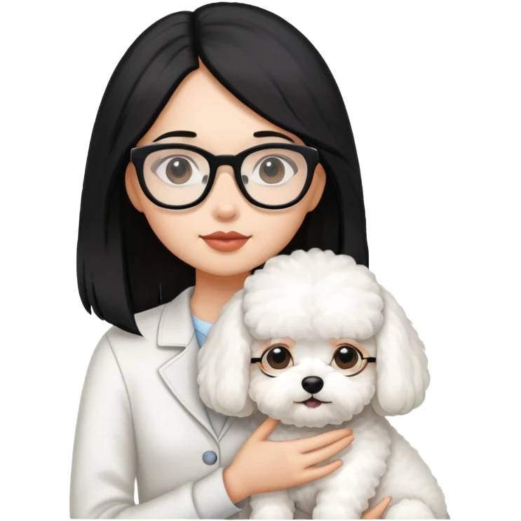 Girl with long black hair and glasses holding a white Bichon Frise dog emoji