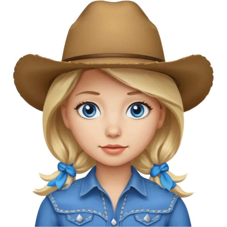 Create a girl emoji that has blonde hair, is white, has a cowboy hat on and blue eyee emoji
