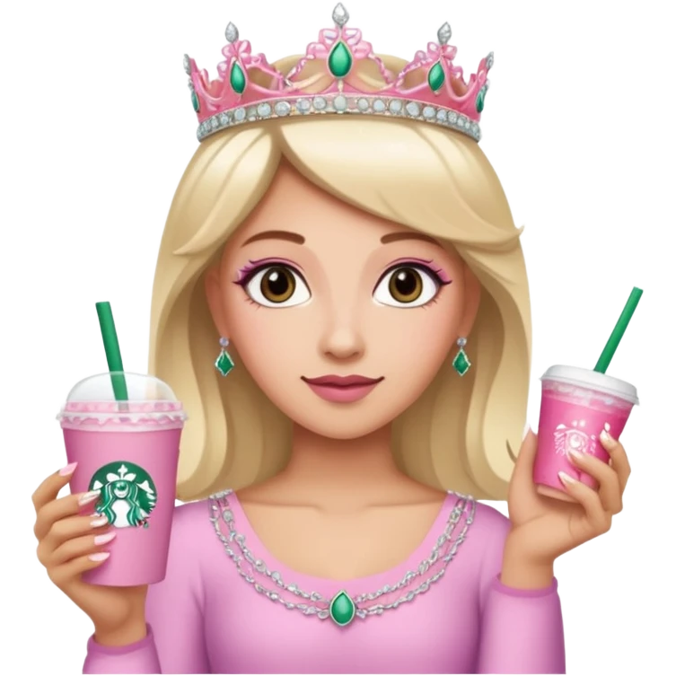 Me with French tip fingernails, a tiara, and a pink Starbucks drink  emoji