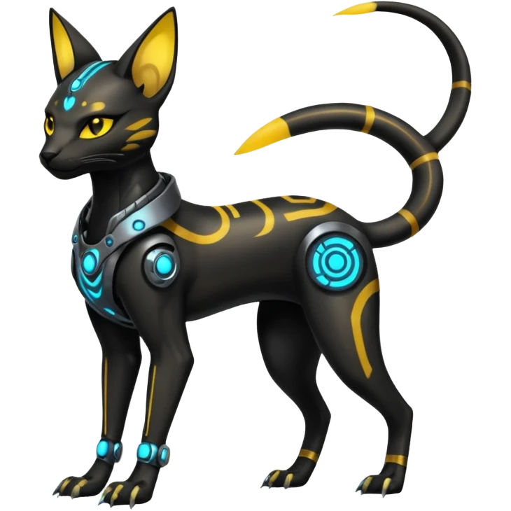 Futuristic Glowing shiny bioluminescent translucent dark cool handsome badass cyberpunk-cyborg-Bastet-Umbreon-Salandit-fusion (full body) emoji