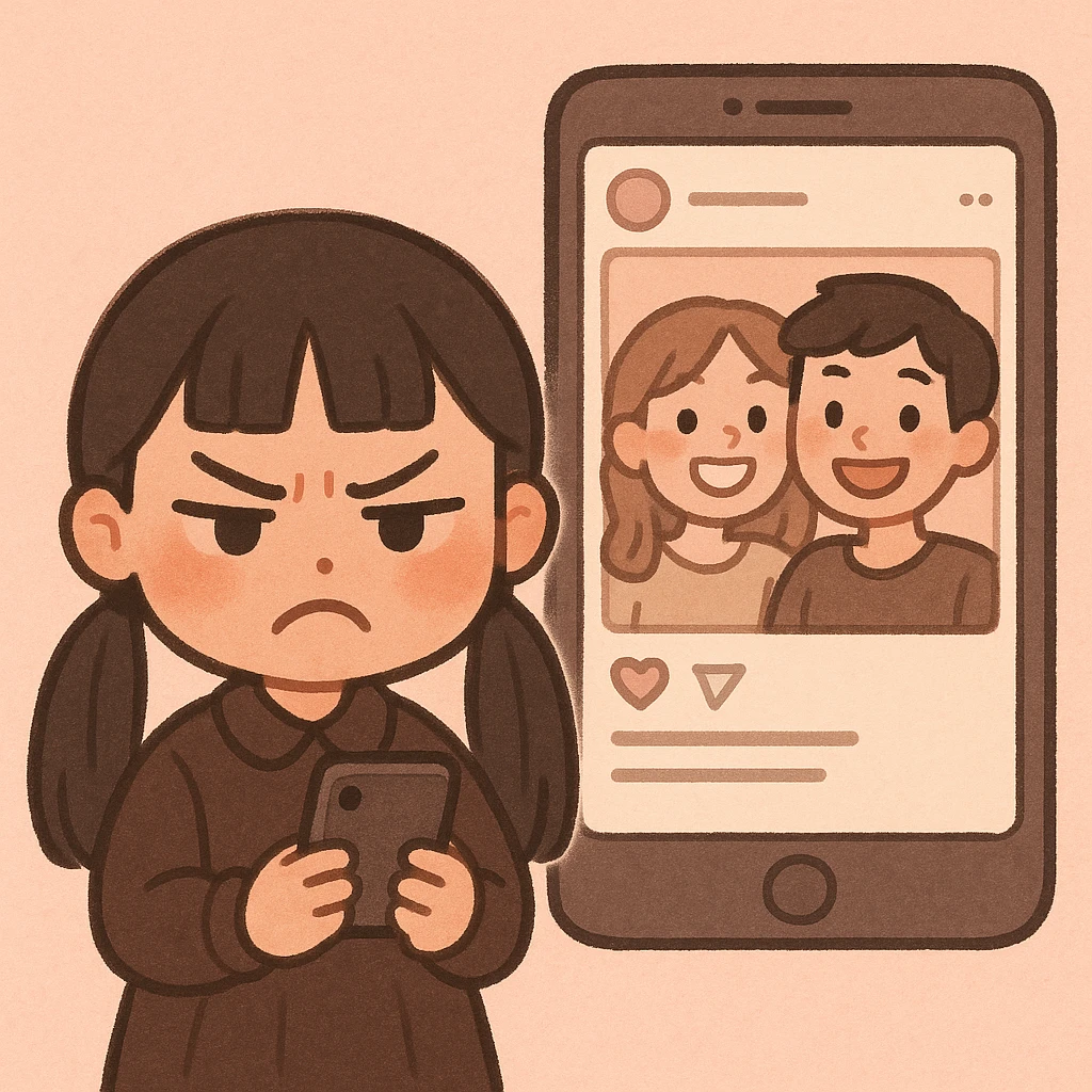 cute stylized digital illustration of a young girl with long dark hair in two low pigtails and blunt fringe, wearing a dark brown outfit, holding a smartphone with an angry, jealous, or annoyed expression; next to her an enlarged phone screen showing a social media post with two friends smiling in a selfie; minimalistic pink-toned background; soft, charming, cartoon-like style; focus on her emotional reaction; humorous and relatable tone emoji