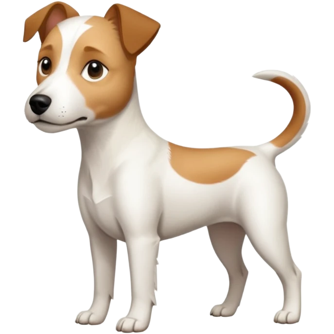 a full body slightly chubby white parson russell terrier looking dog the size of a kelpie with light brown long ears and a light brown patch on one eye and a large snout. the rest of the dog is completely white. forward facing emoji