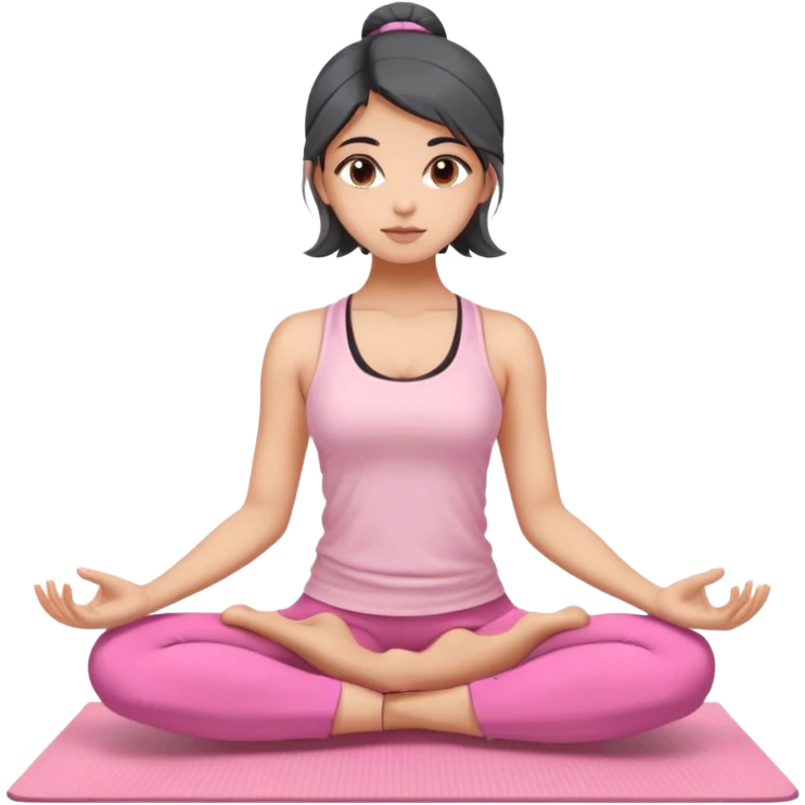 Black/grey medium length hair and brown eyes yoga beautiful Indian girl in light pink clothes sitting on a yoga mat emoji