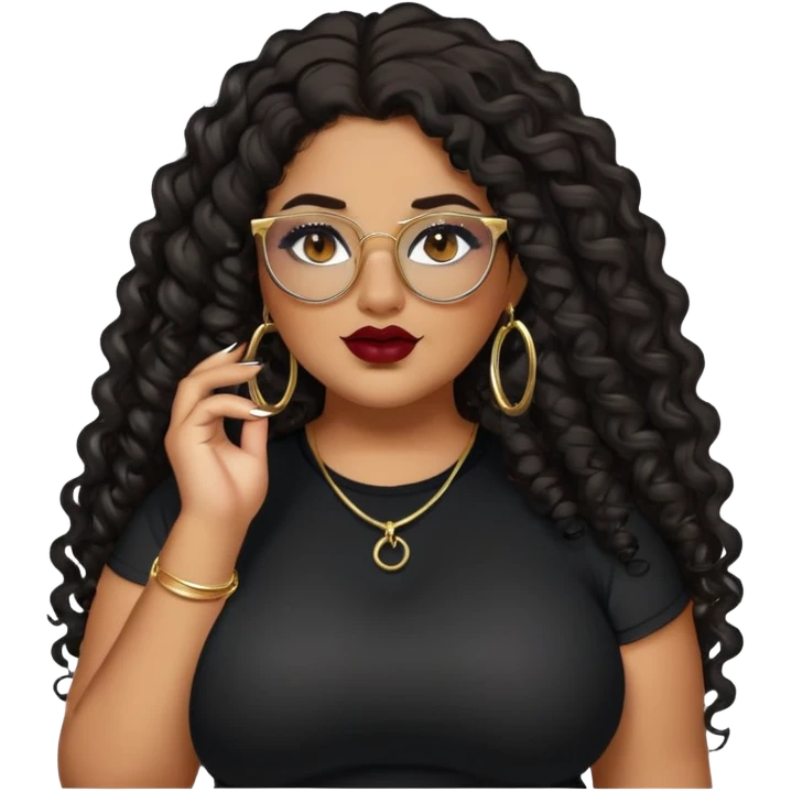 big plus size, latina, darker tan skin, gold hoops, long black curly hair, baddie,pretty, makeup, dark red lipgloss, black eyeliner, long hair, black top, black glasses emoji