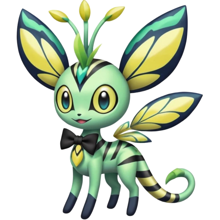zig-zag-patterned tribal tropical hot spotted striped Meloetta-Celebi-Giratina-Noibat-Pokémon-Fakémon-fusion-hybrid-creature with a bow tie emoji