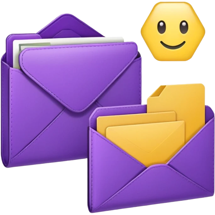 simple, minimalistic yellow (hex#FFD008) and purple (hex#8C52FF) icons of a pin, a working case, a folder, a magnifier, an email, an envelope emoji